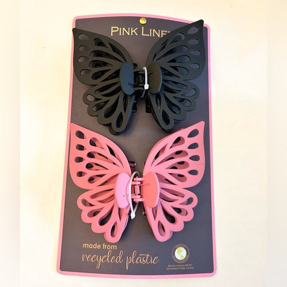 Pink Linen Accessories - Pink Lined 2 Butterfly Hair Clips Clips Pink & Black NEW